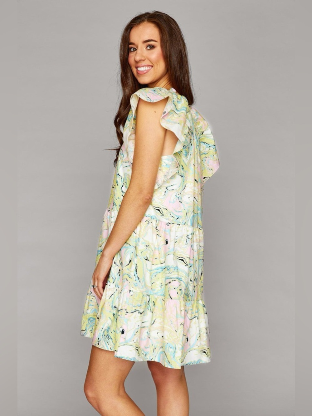 BuddyLove Ronnie Ruffle Sleeve Short Dress - Citron Marble size Small - Picture 4 of 10